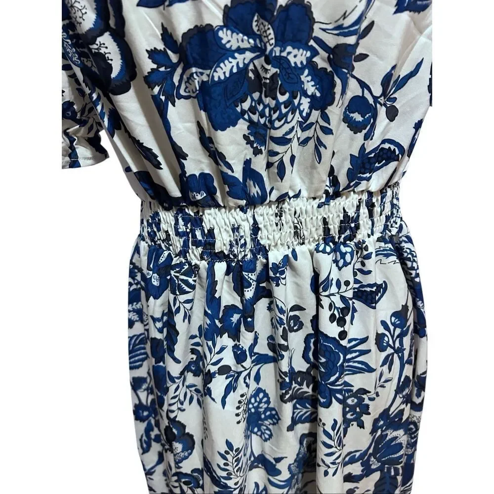 Blue & White Floral Puff Sleeve Flowy Midi Dress Smocked Waist M NWOT - Picture 9 of 13